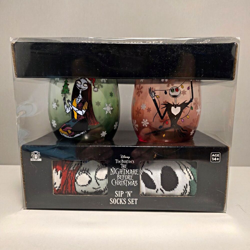 CultureFly Disney Nightmare Before Christmas Sip 'N' Socks Set, 2 Glass Cups